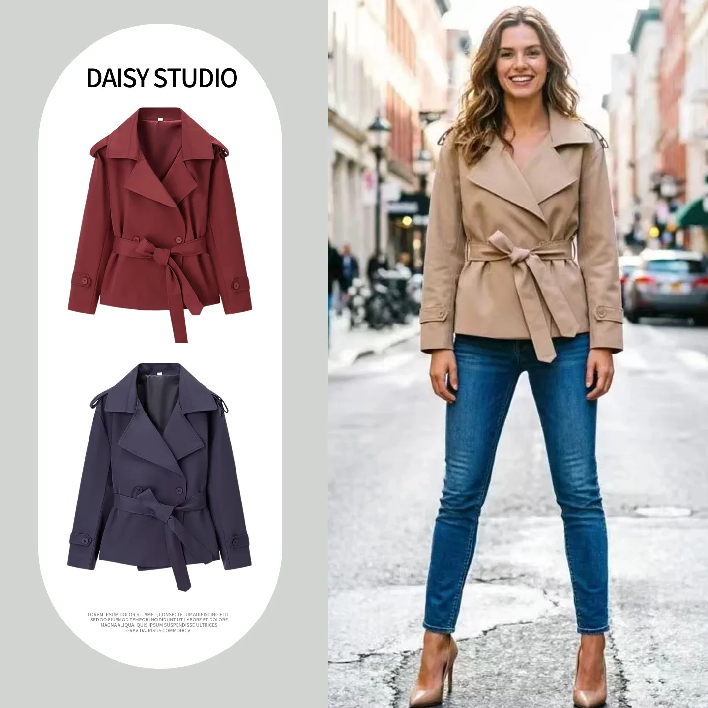 

Spring New Women's Fashion Stand Collar Long Sleeve Knot Waist Belt Button Decor Short Jacket Coat Polyester Fiber
