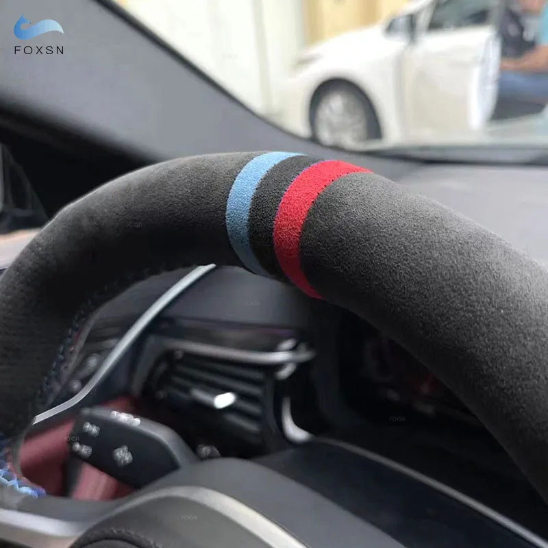 Car Steering Wheel Cover For BMW M Sport F20 F21 F45 F22 F23 F33 F36 2014-2019 F30 F31 1.2mm Suede Leather Trim Red Blue Strips