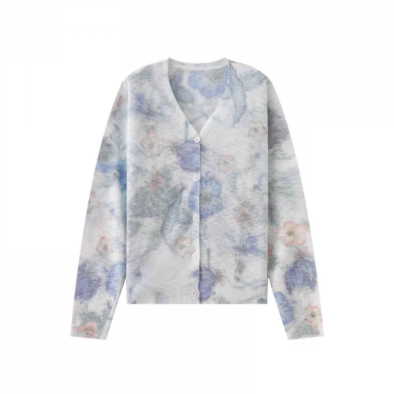 

Womens Floral Print Long Sleeve Knit Sweater Top V-Neck Knitted Cardigan Casual Style Jacket Anti-Darkness