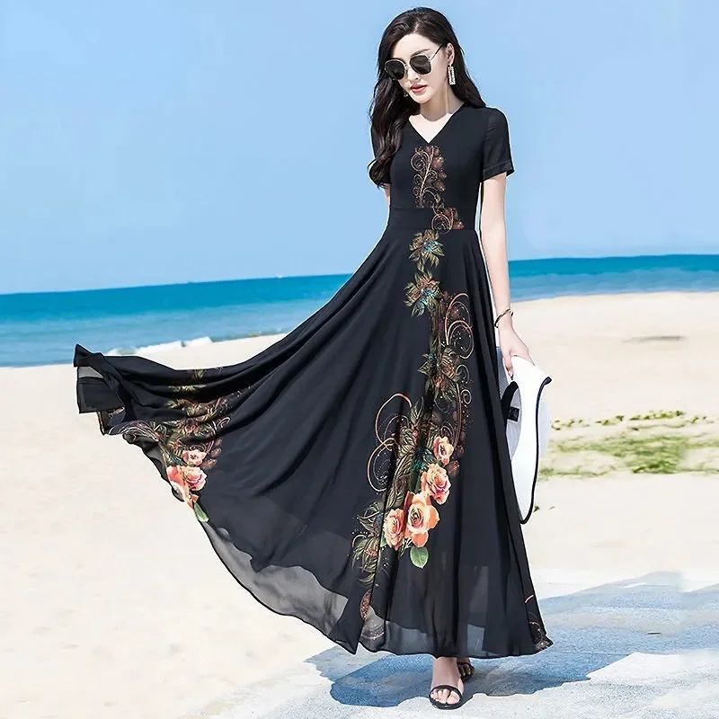 Short Sleeve Chiffon Dress High Waist Print Shows Tall Thin Temperament Super Fairy Big Swing Waist Vacation Beach Long Skirt