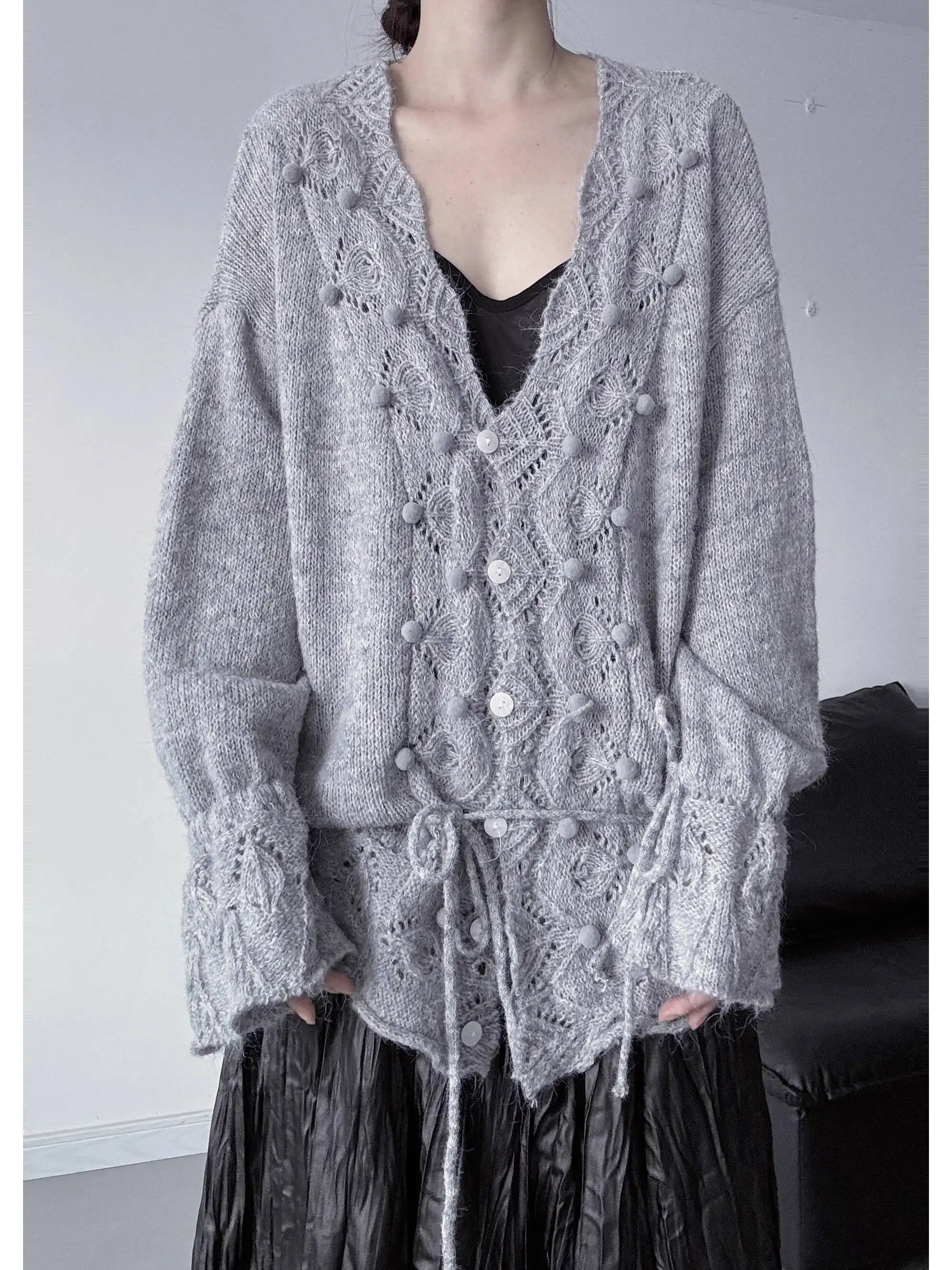 UMI MAO  Niche Design Crochet Sweater Women New Loose Lazy Style Knitted Cardigan For Autumn Winter Top Femme Y2K