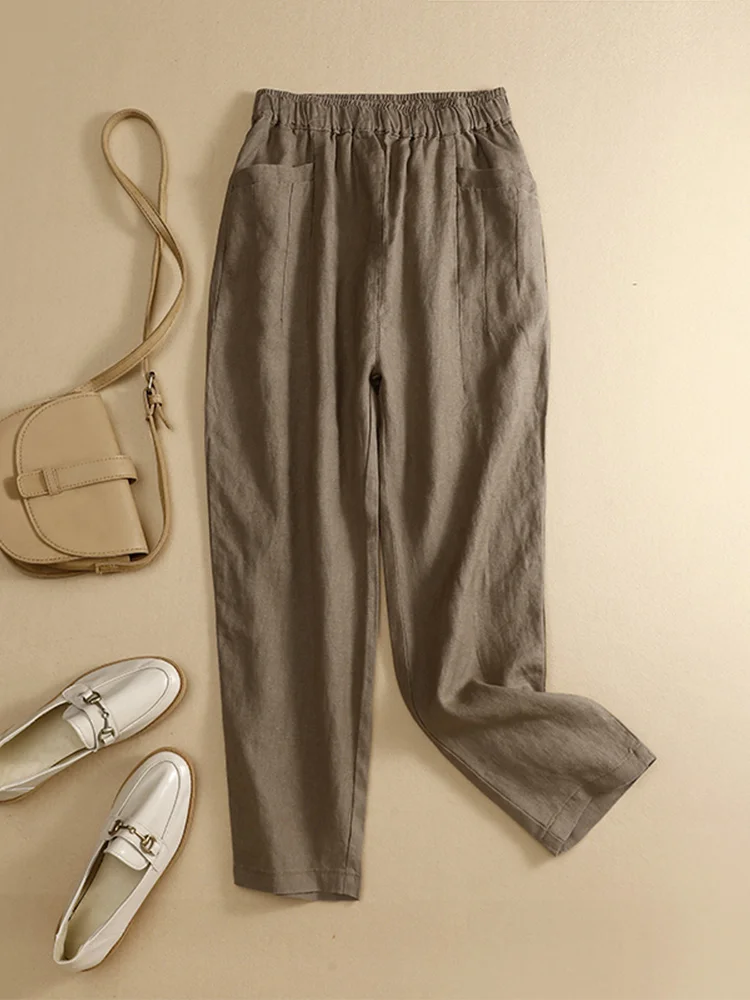 Pantaloni casual da donna in cotone e lino a nove pezzi Pantaloni Harem slim fit Vita alta Modello sottile ket Dettagli Pendolarismo Sle Summer C...