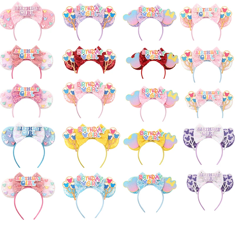 Girls Happy Birthday Minnie Mouse Ears Headbands Disney Mouse Ears Cartoon Sequin 5\'\'Bow Hairband Kid Party DIY Hair Accessories