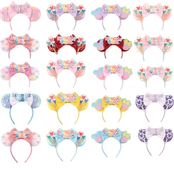 Girls Happy Birthday Minnie Mouse Ears Headbands Disney Mouse Ears Cartoon Sequin 5''Bow Hairband Kid Party DIY Hair Accessories