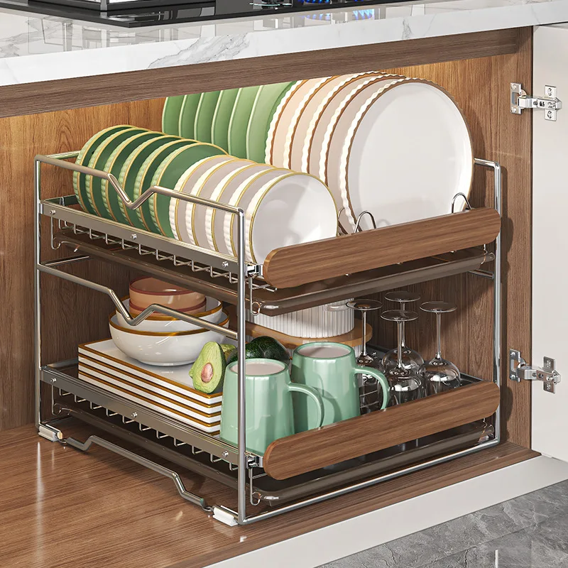 Stainless Steel Dish Rack Pull Out Drawer Organizer for Bowls Plates Under Sink Sliding Cutlery Holder Rustproof Kitchen Storage
