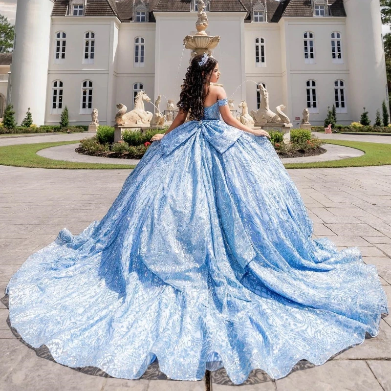 

Sky Blue Illusion Glitter Crystal Sequined Quinceanera Dresses Ball Gown Off The Shoulder Beading Corset Vestidos 15 De XV Años