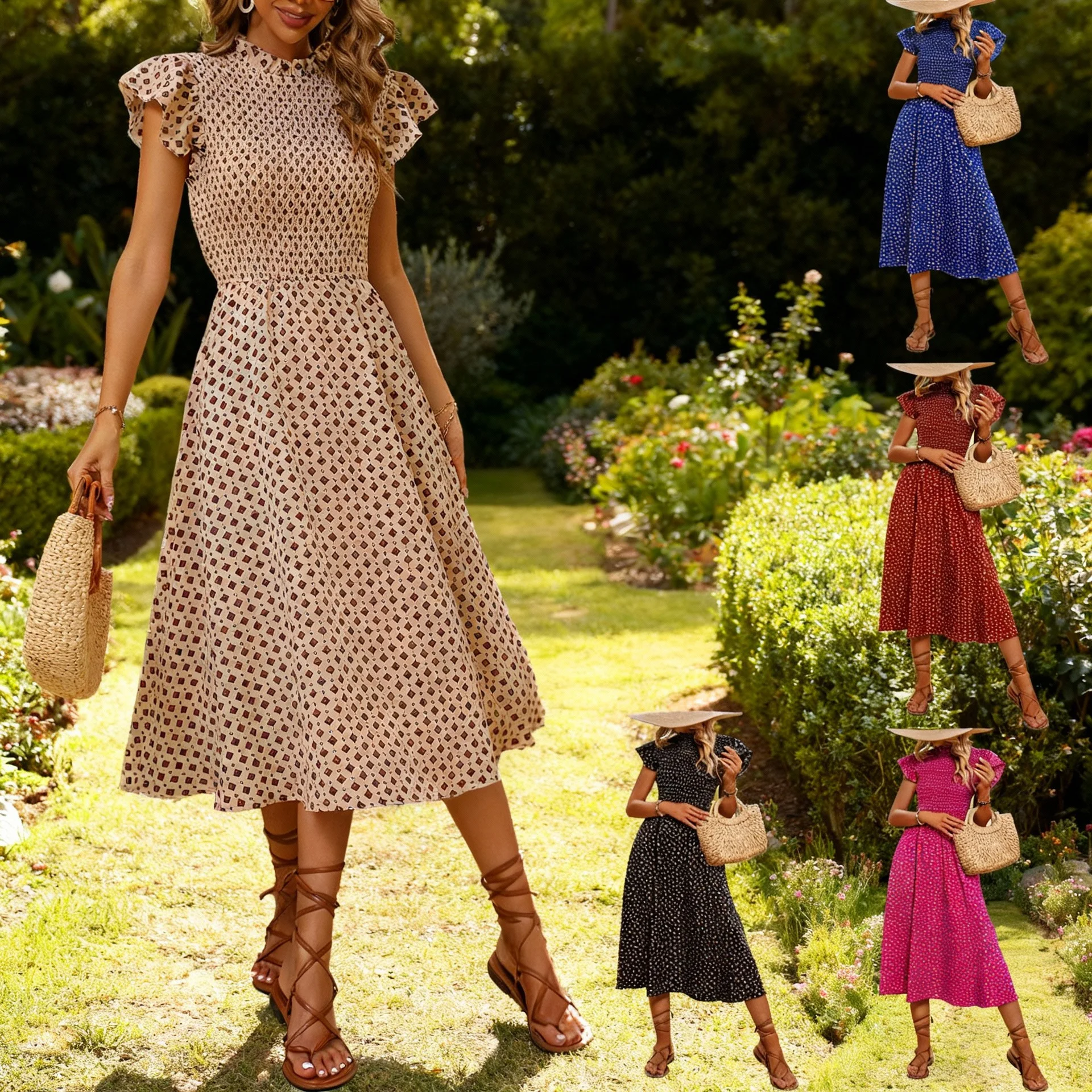 

2026 Summer New Polka Dot Round Neck Short-sleeved Dress Long Dress Loose, Comfortable and Casual