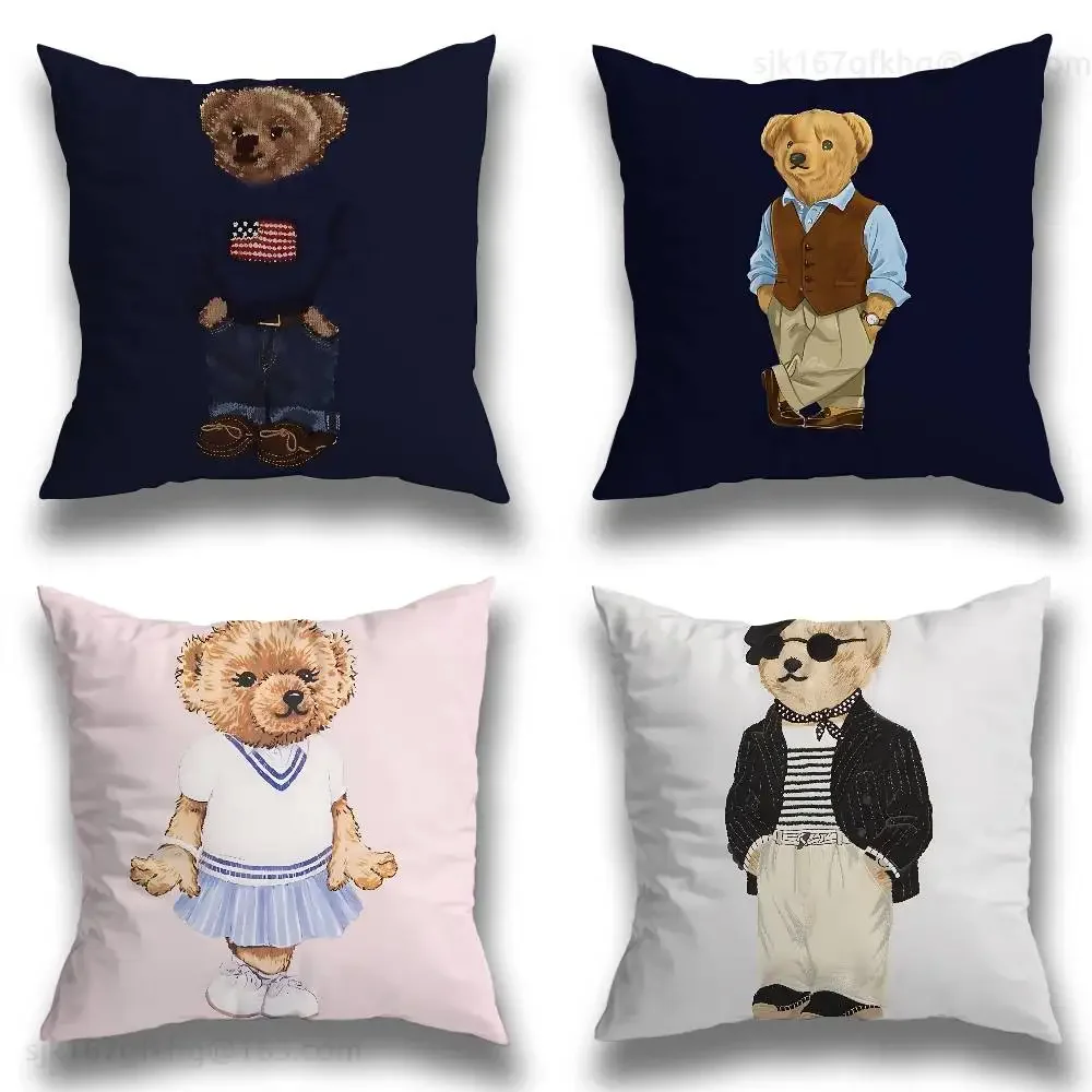 

Cute Fashion Bear Print Cushion Cover One-Piece Peach Skin Preppy Teddy Square Throw Pillowcase Kids Bedroom Sofa Decor 40x40