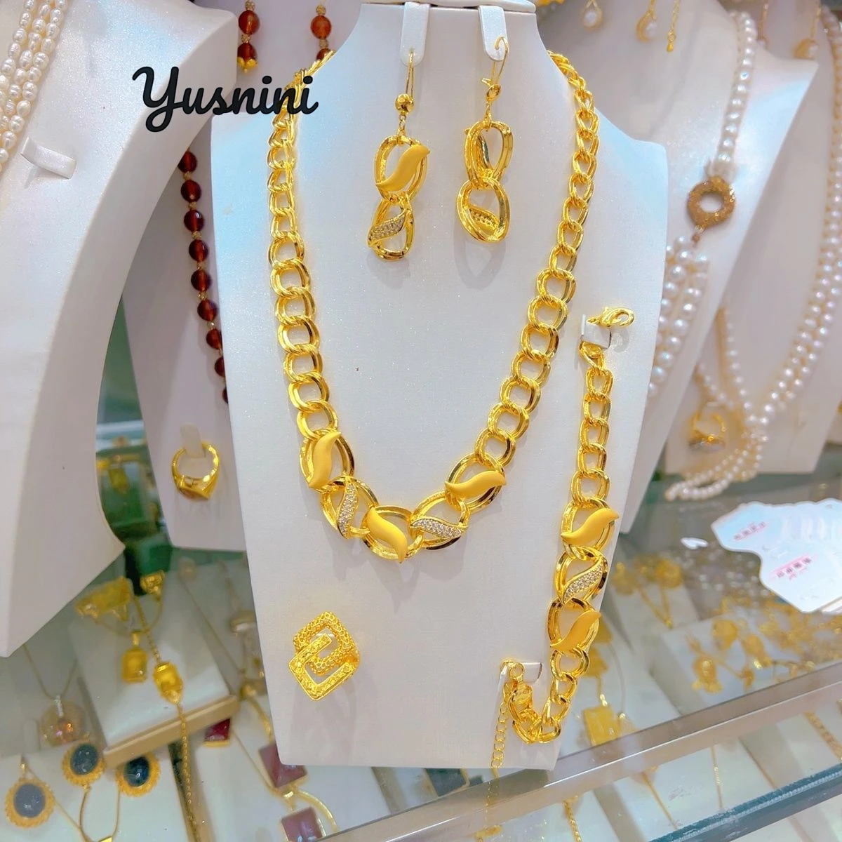 جديد الأمريكية 24K مطلية بالذهب قلادة أقراط خواتم أساور الزفاف حفلة خطوبة طقم مجوهرات لعشاق DD10714 #3