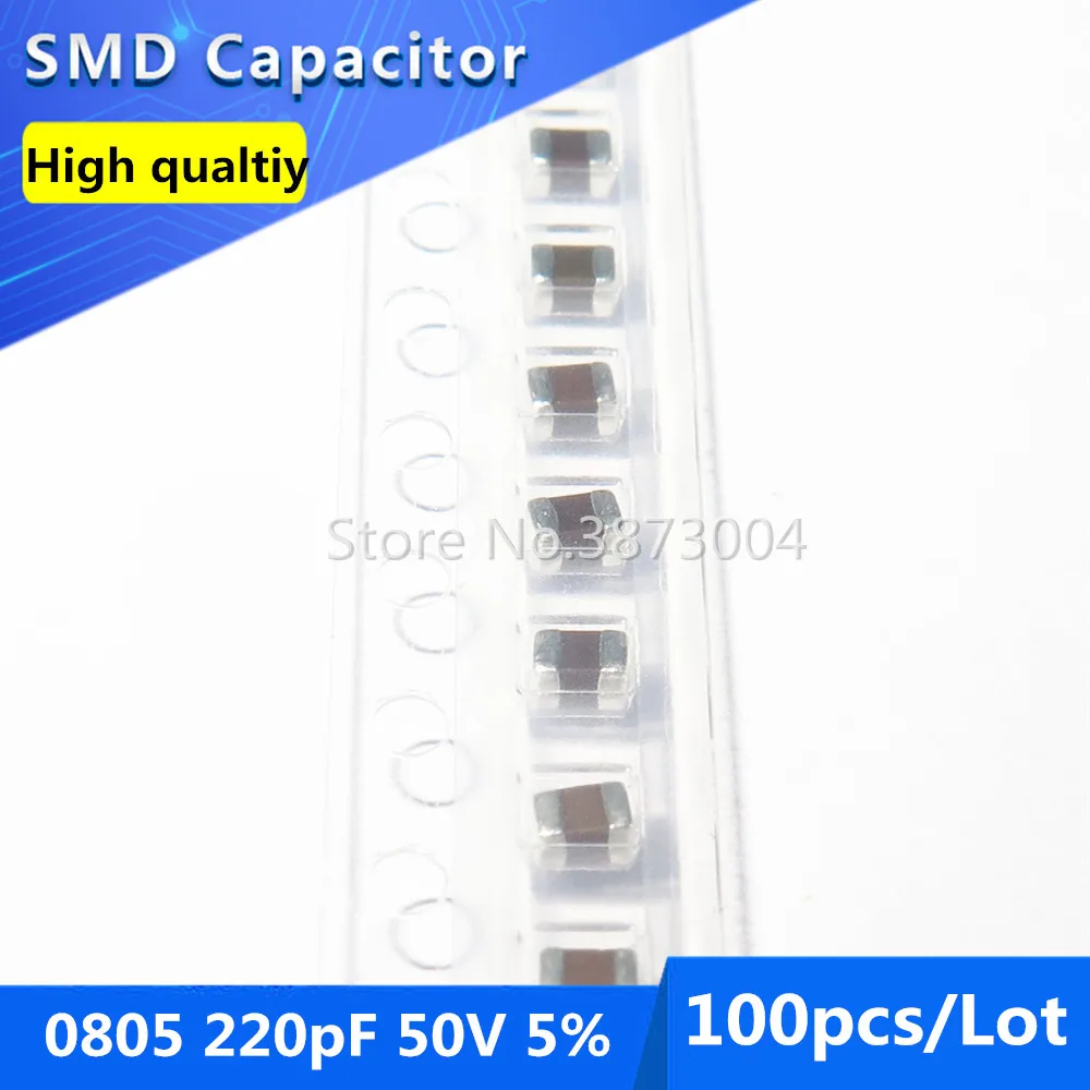 100pcs SMD Capacitor cerâmico multicamadas de chip de filme grosso 0805 220PF 50V COG/NPO 5%