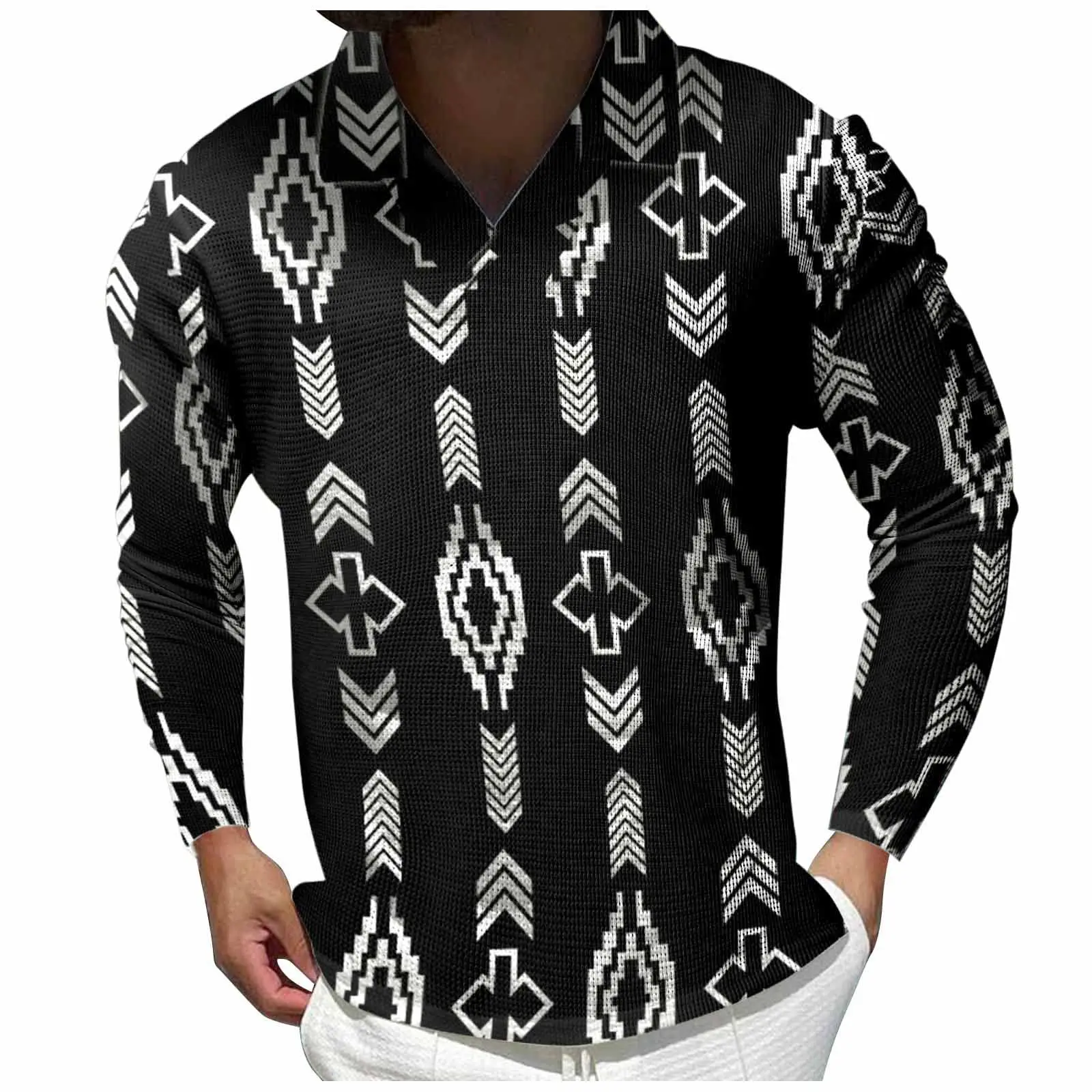 

Men's ethnic print retro long-sleeved Polo shirt lapel sports casual outdoor office daily wear button spring autumn winter