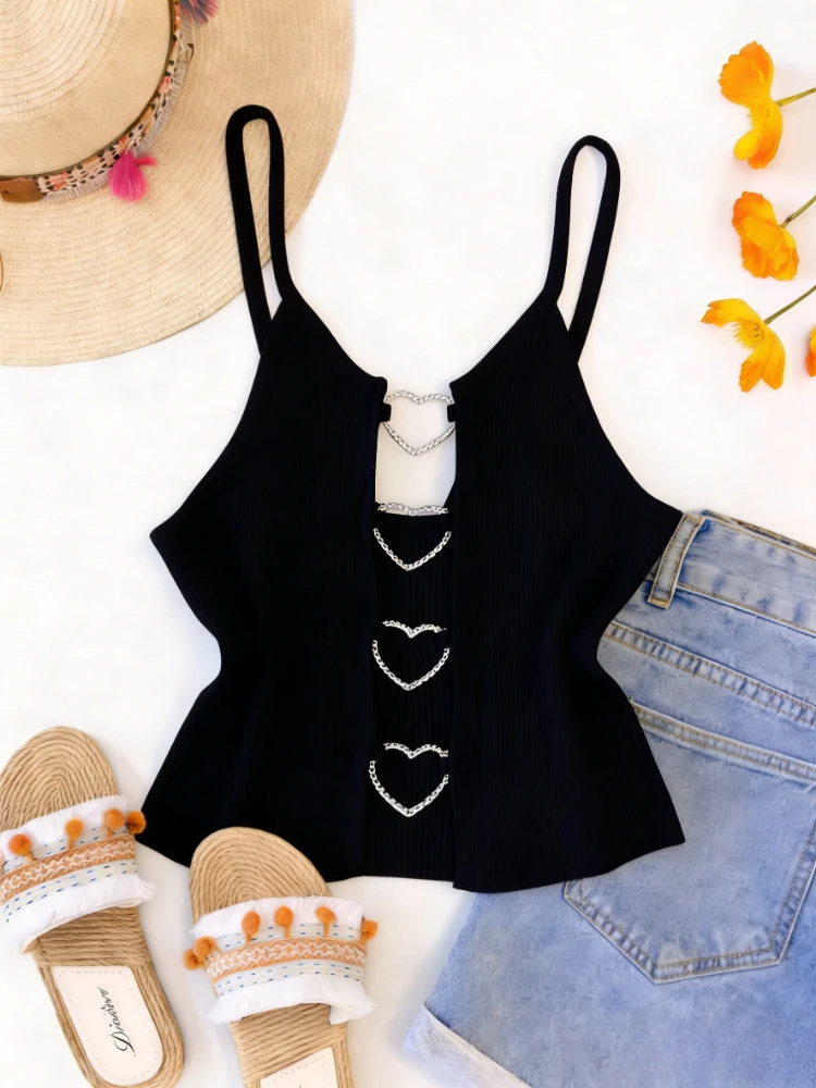 Women's Pink Spaghetti Strap Stretchy Knit Crop Top Heart Cutout Button Front Ribbed Sleeveless Sweet Summer Party Cami Top