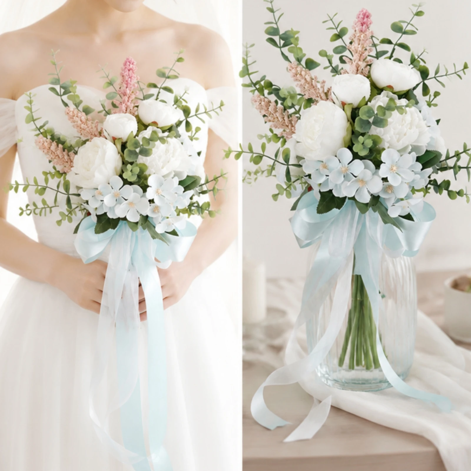 Artificial Flower Bouquet with Green Foliage Lightweight Rose and Peony Silk Bouquet Faux Flowers Realistic for Brides