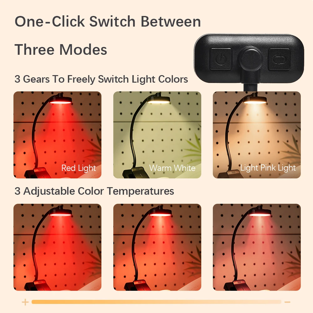 Rechargeable Clip Book Light Gift with Red Warm White Pink 3 Lighting Modes Flexible Gooseneck Eye-Care Clip Lamp Bedroom