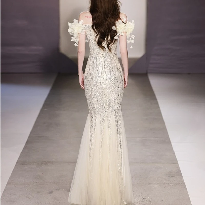 Elegant Prom Dress for Women Evening Party Off The Shoulder Sleeveless Fishtail Skirt Sequins Heavy Industry Banquet