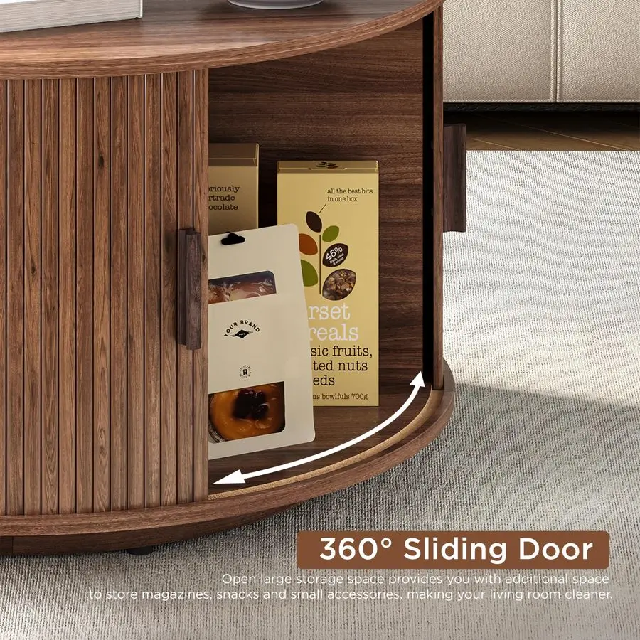 Round Coffee Table with Storage,31.5 Drum Coffee Table with Sliding Tambour Door,Mid Century Modern Coffee Table with Sliding Ca