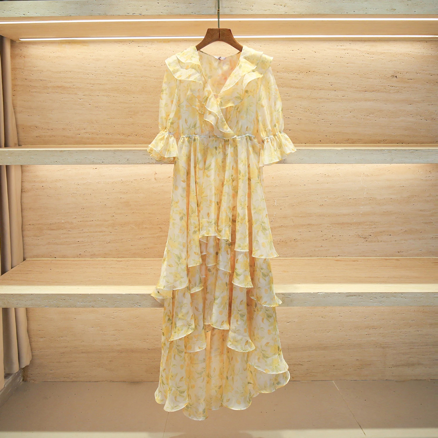 

Ele Long Dr with Bubble Sves Waist-Cinching V-ne Floral Print And Lace Hem High Waist Summer Dr for Women