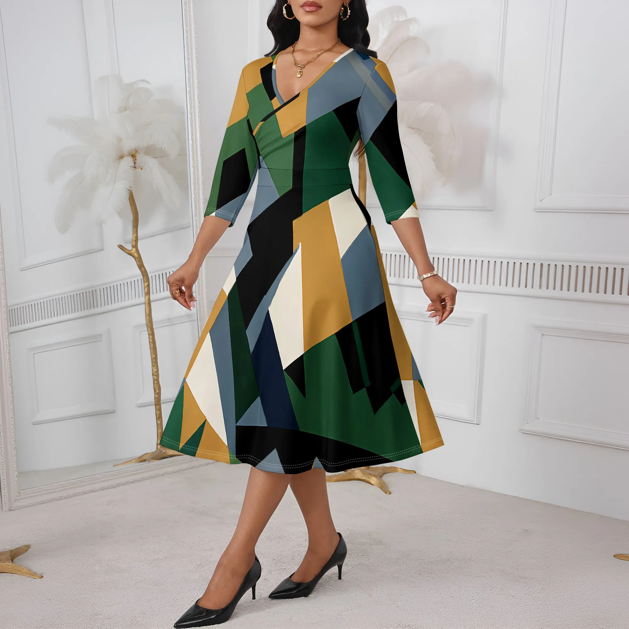

Geometric Print A-Line Dress XS-3XL V-Neck 3/4 Sleeve for Office Wear, Art Brunch or Elegant Day Look