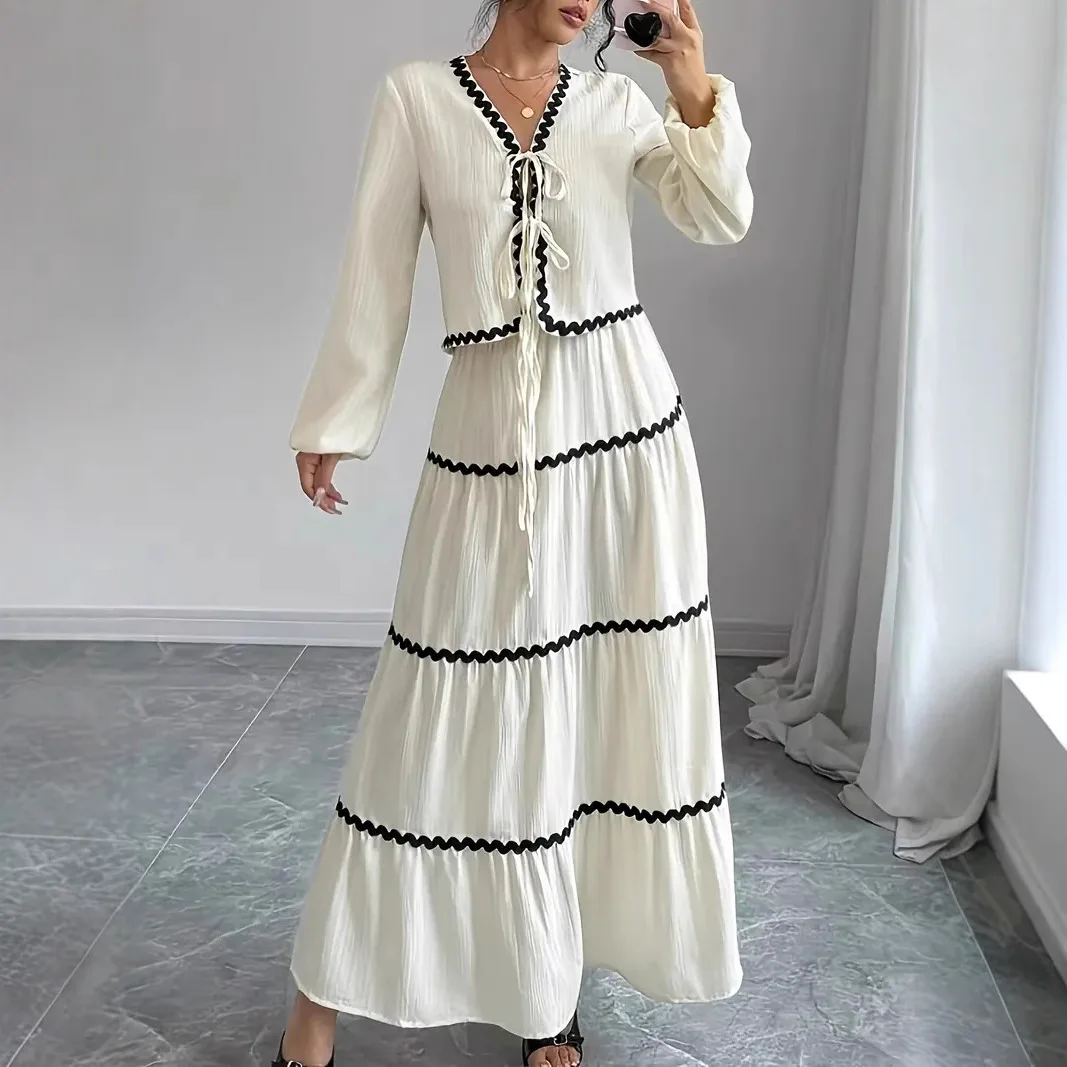 2025 Set camicia e gonna con fiocco con maniche a lanterna piegate a strati di pizzo estivo per donna