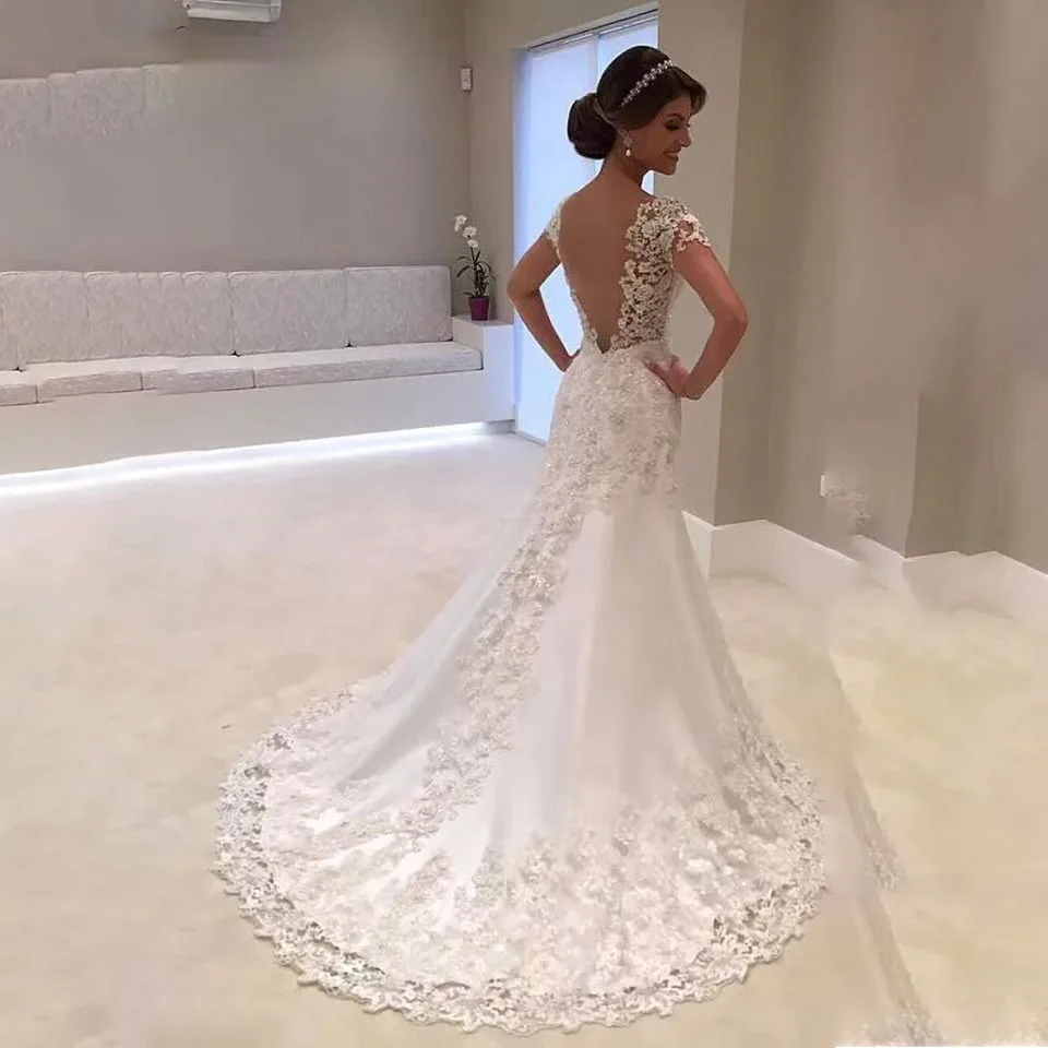 Vestidos de noiva personalizados branco sem costas renda sereia vestido de casamento 2025 com decote em v manga curta vestido de noiva