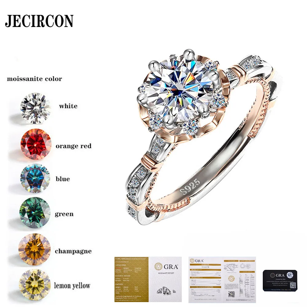 

JECIRCON 925 Sterling Silver Multi-Color Moissanite Ring Fashion 6 Prongs Luxury 1 Carat Diamond Proposal Band Wedding Jewelry