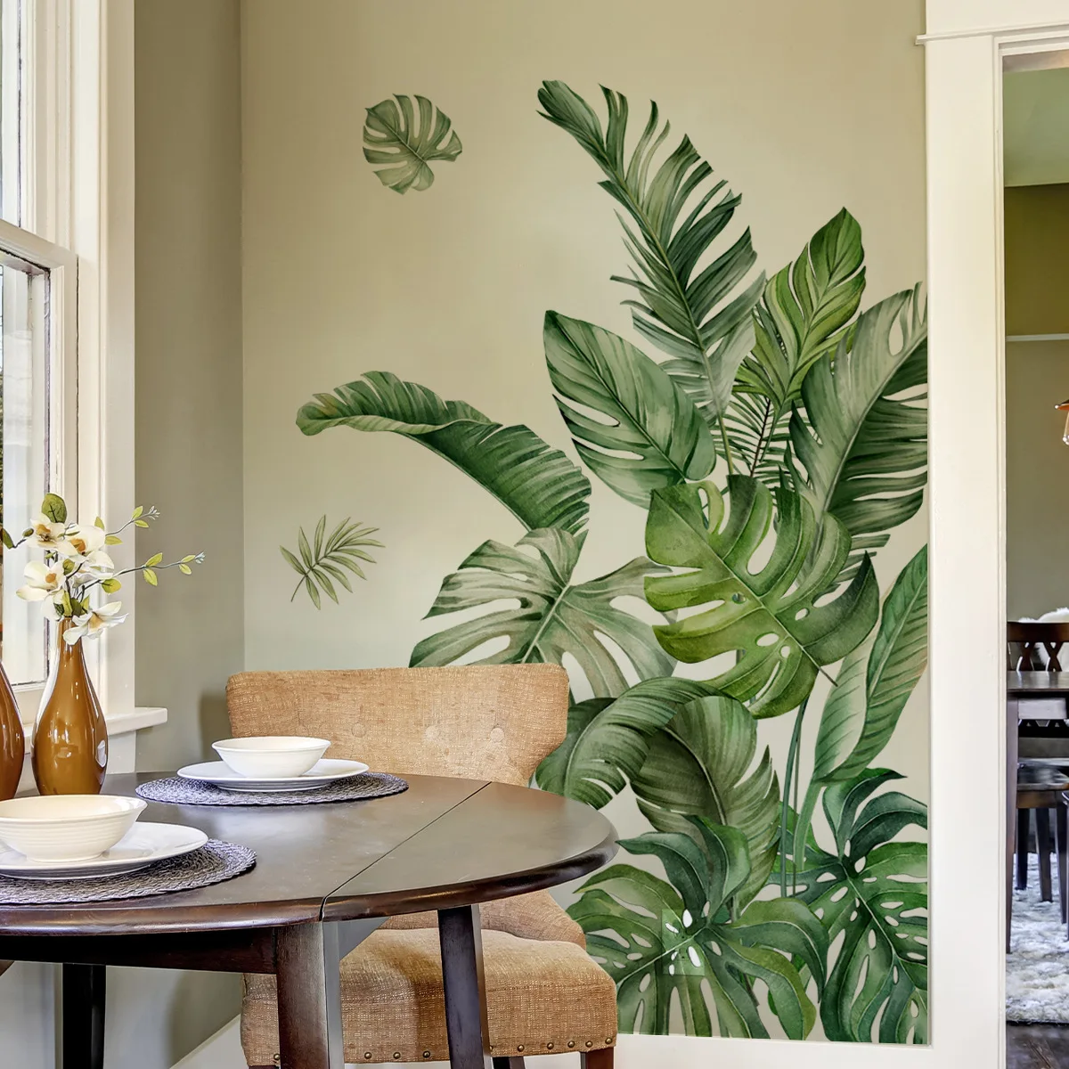 ملصقات حائط من الفينيل المزخرفة بأوراق خضراء لديكور الحائط وإكسسوارات غرفة النوم وورق الحائط اللاصق وملصقات الأثاث وديكور الغرفة