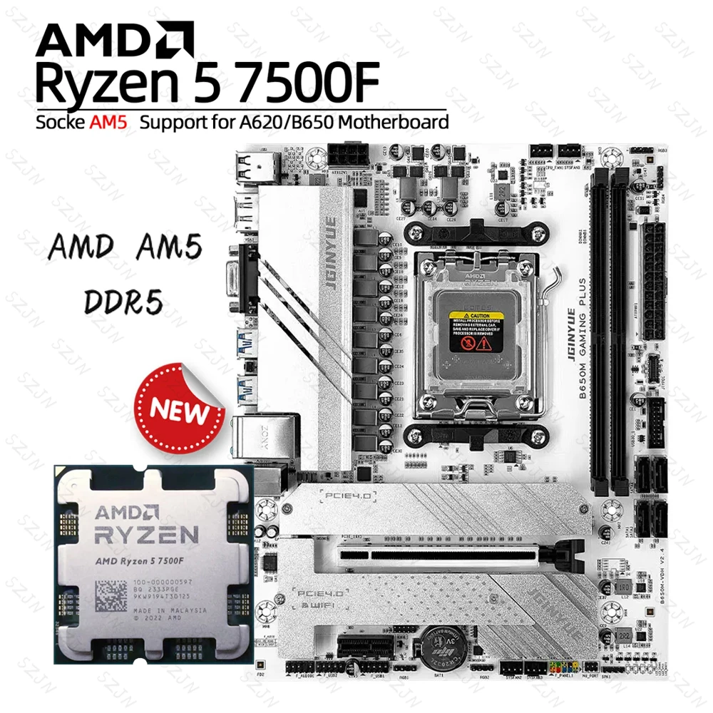 JGINYUE B650M Motherboard Set AMD Ryzen 5 7500F DDR5 Dual Channel Memory Max 64GB RAM M-ATX B650M GAMING PLUS Kit