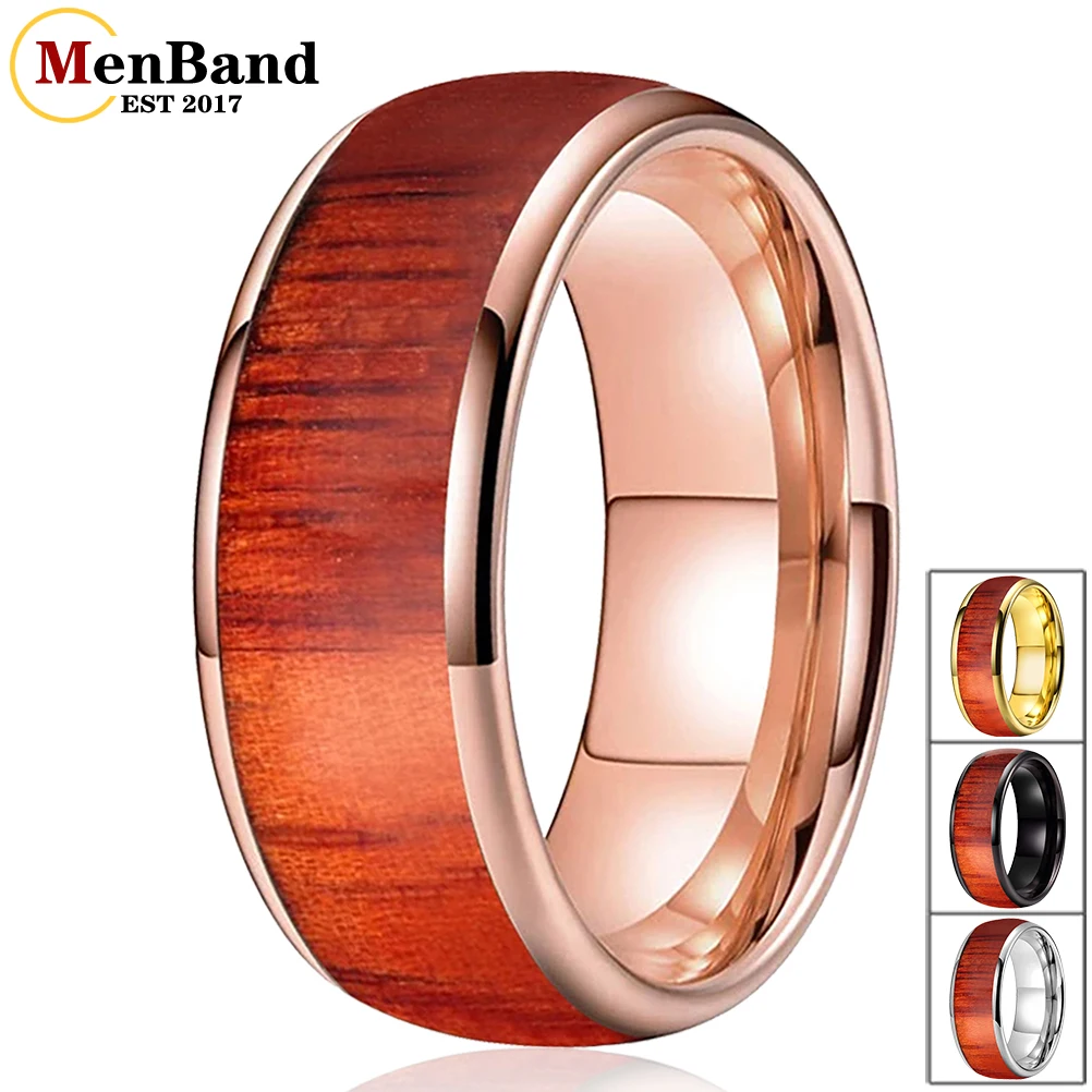 MenBand Jewelry 6mm 8mm Men Women Couple Tungsten Carbide Wedding engagement Rings Red Wood Inlay Dome Polishing Comfort Fit