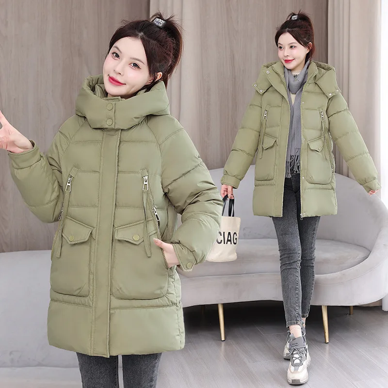 Jaket parka wanita lapis katun, jaket parka musim dingin, mantel bertudung panjang setengah, mantel berlapis kasual longgar wanita