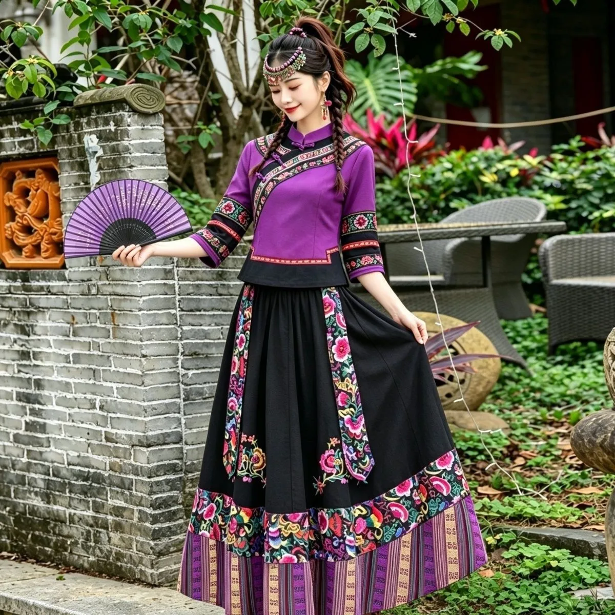Women's Ethnic Minority Clothing Set Guizhou Miao Ethnic Embroidery Performance Vintage Daily Travel Long Skirt Autumn