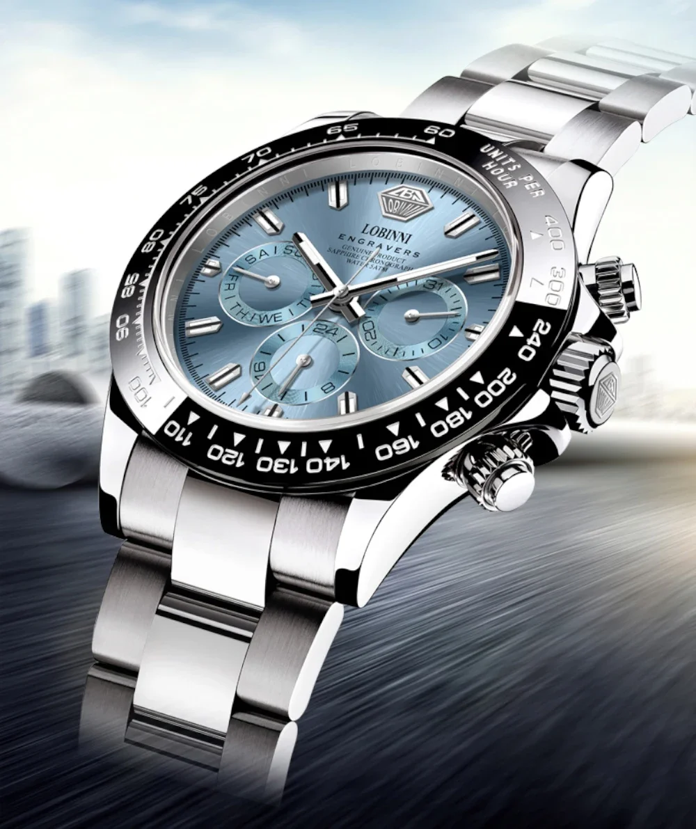 Lobinni Мужские автоматические часы 40 мм Винтажные механические наручные часы 50 м Водонепроницаемые сапфировое зеркало Керамический безель Дата недели JHB16