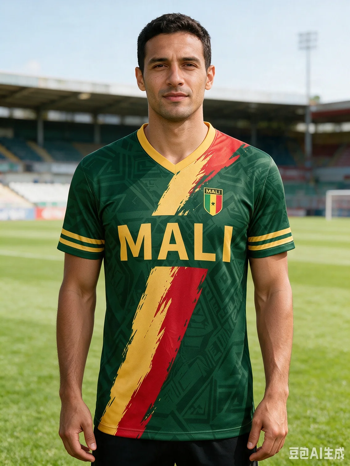 Mali V‑neck soccer jersey, geometric dark‑green base, red‑yellow‑green stripe and MALI letter print, fast‑dry sports fabric