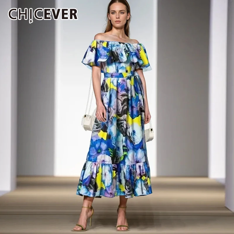 

CHICEVER Casual Summer Dress For Women Slash Neck Off Shoulder High Waist Print Colorblock Midi Dresses Female Summer Clothing