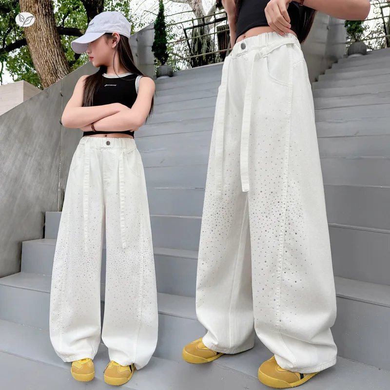 Girl's Shiny White Wide-Leg Pants, Children's Summer Thin Anti-Mosquito Pants, Casual Kids' Pants for Ages 7-14