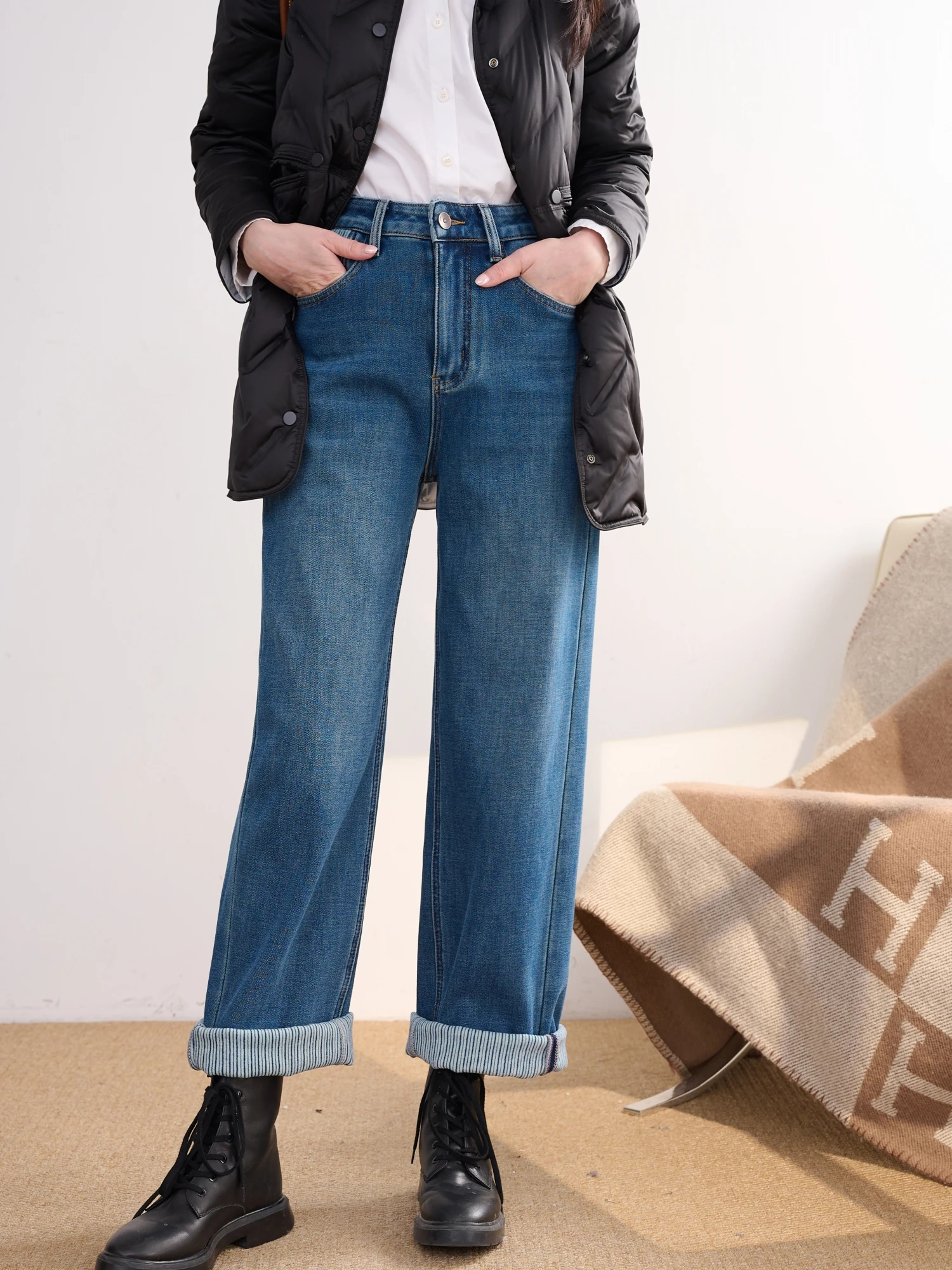

JPOO High Waist Straight Leg Jeans Blue White Fce Wide Leg Conceal Meat Slimming Effect Cotton Commute Sle All Seasons