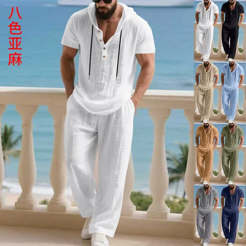 

Casual Linen Cotton Blend Hoodie with Drawstring Hood, Loose Fit Pants Set in Solid Navy Blue and White, Relaxed Fit Full