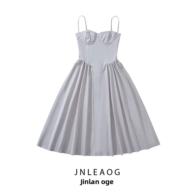 Vestido E de Verão com Design de Moda Fena JNLEAOG, Alça de Aço, Cintura Alta, Fibra de Poliéster