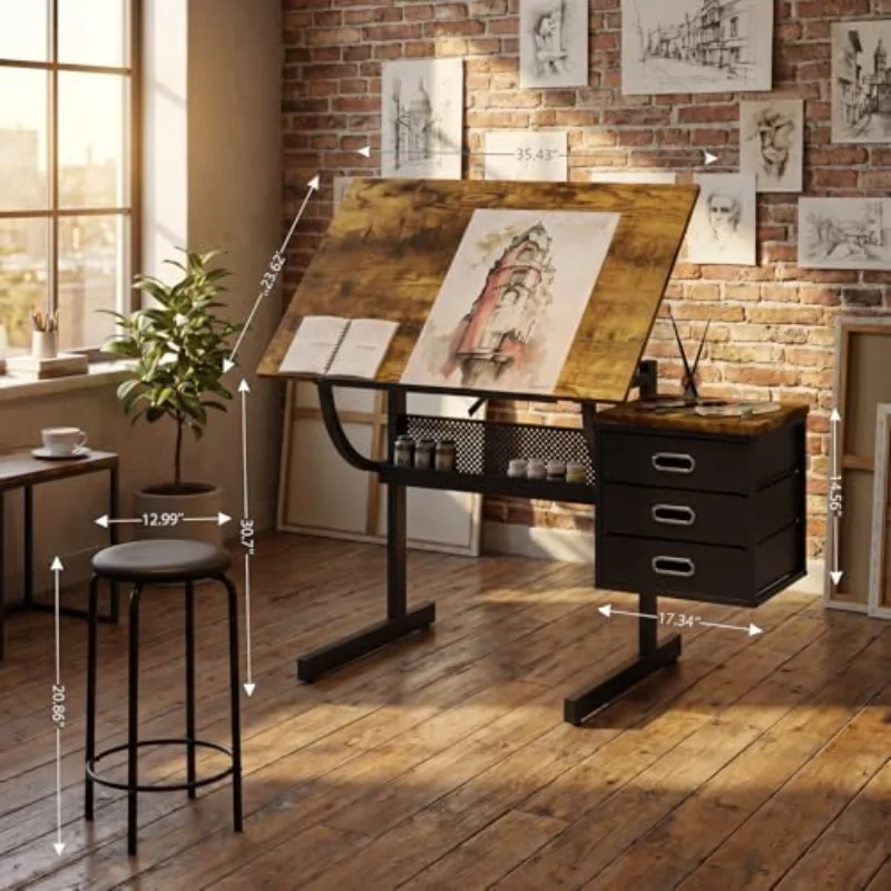 Adjustable Drafting Table Desk with Stool – Multi-Functional Art Desk for Adults, Drawing & Painting Table, Artist Desk
