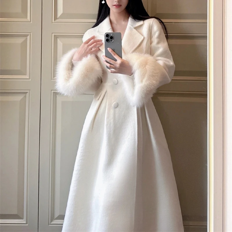 

New Women Elegant Casual Woolen Coat Vintage Solid Chic2024Winter Outerwear Clothes Warm Detachable cuff hair Wool Overcoat lady