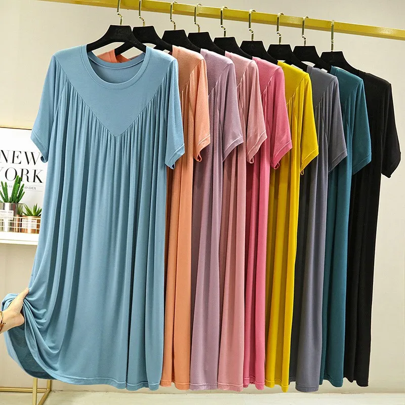 Modal Summer Plus Size Dress for Women Plus Medium Length Sleeping Dress Pleated Home Skirt Loose Girl Comfortable Sleepwear