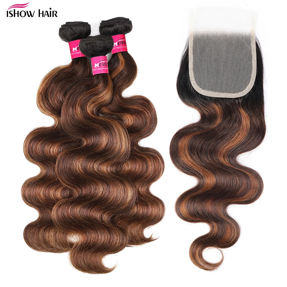 Faisceaux de cheveux humains Body Wave avec fermeture, reflets colorés ombrés, marron, 4x4, 5x5, FB30