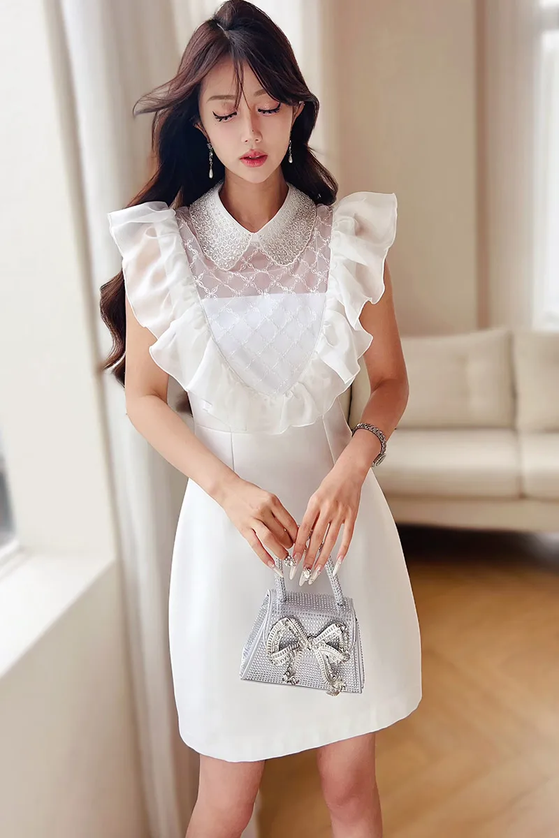 

Summer Solid Dress Women's Dress Mesh Embroidered Flares Flying Sleeve Knee-Length A-Line Skirt Y2K 2025 New DABUWAWA DA1BDR120