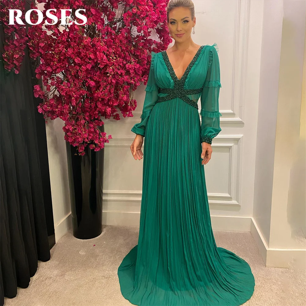 

ROSES Green Chiffion Evening Gown Sequin Elegant Prom Dress Pleat V Neck Wedding Evening Dress With Split robes de soirée