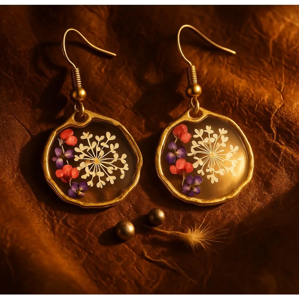 

Серьги-подвески с настоящими прессованными цветами, ручной работы, в стиле бохо-шик, цветочные украшения, подарок для нее