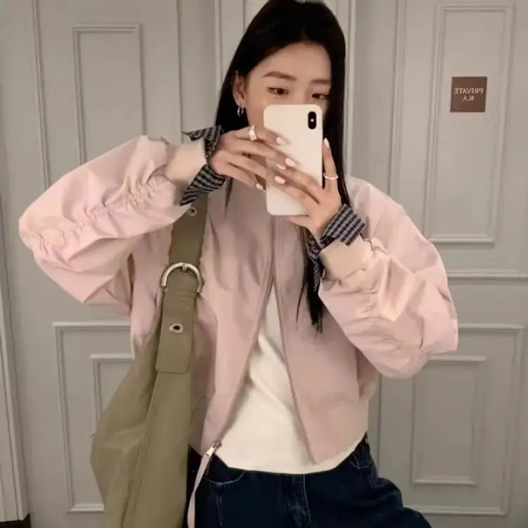 

Куртки-бомберы, женская куртка с двойным лицом, осенняя кашемировая лоскутная куртка с круглым вырезом, художественный стильный значок, декоративный, милый, девичий, простой