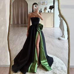 Bafftafe Black Green Satin Long Prom Dresses 3D Flowers High Slit Women Formal Party Gowns Sweep Train Evening Dress Customized