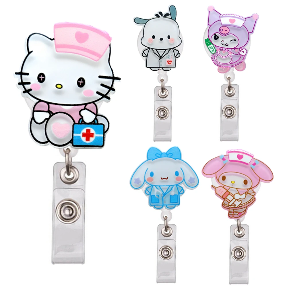 MINISO Cartoon Kitty Cat Dogs Hospital Medical Nurse Doctor Badge Reel Clips Brooches Keychains For ID Name Cards Holders Gifts