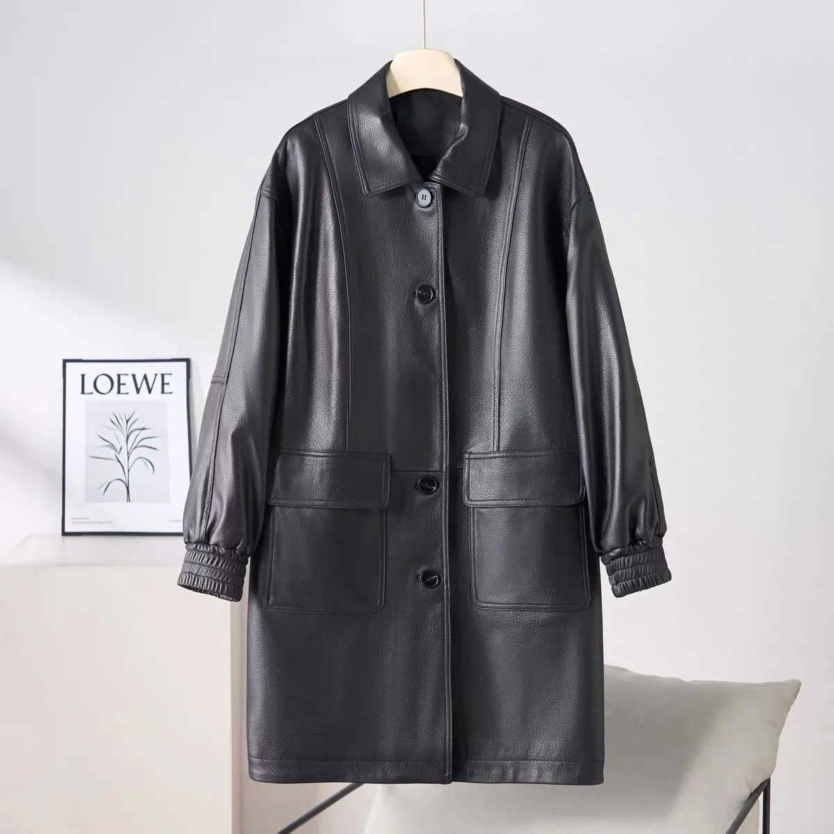 한국 스타일 루즈핏 최고급 양가죽 정장 재킷 여성용 롱 오버사이즈 뉴트럴 싱글 브레스티드 블랙 재킷