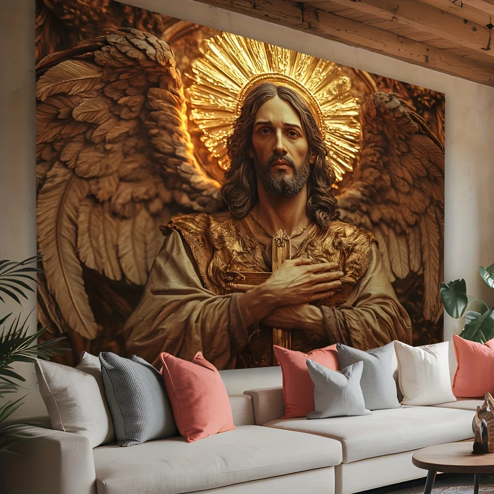 Golden Angel with Cross Tapestry - Perfect for Adding Spiritual and Majestic Style to Any Room Decor, Ideal for Home Use