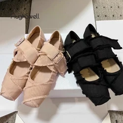 Luxury Fringes Cross tape Ballet Flats Woman Elegant Square Toe Ankle Buckle Strap Ballerinas Ladies Brand Design Leg Tie Shoes